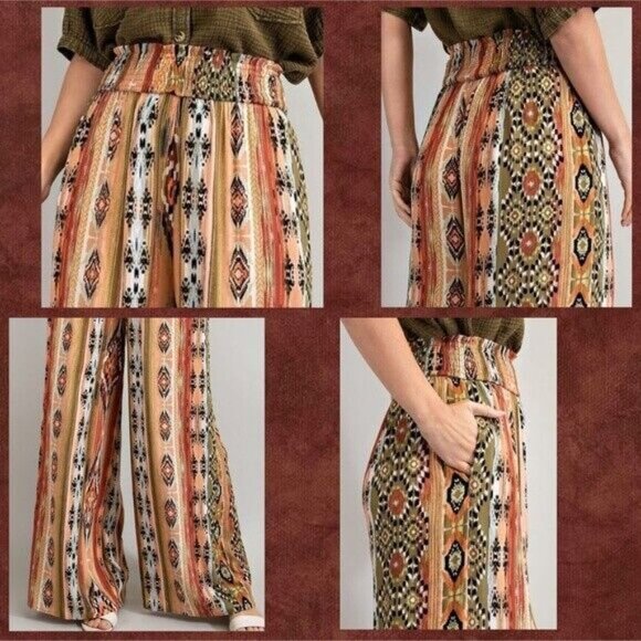 EASEL Aztec Print Lightweight Flowy Gauze Pants Wide Leg Smocked Waist & Pockets - Picture 11 of 12
